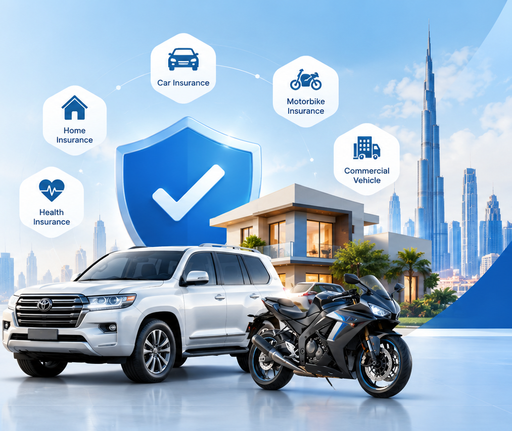 Motorcycle and car on a UAE road representing motorbike and vehicle insurance